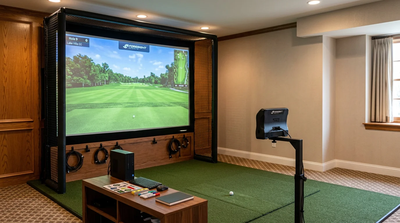 Indoor golf simulator setup with launch monitor and projection screen in finished basement