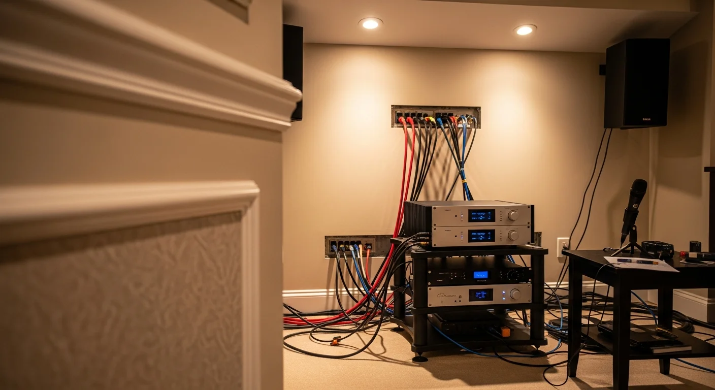 A professional audio amplifier mounted inside a media cabinet in an Antioch living room, with neatly routed speaker cables connected to a wall-mounted surround sound system. The room features a clean, modern setup typical of newer Antioch residential construction.