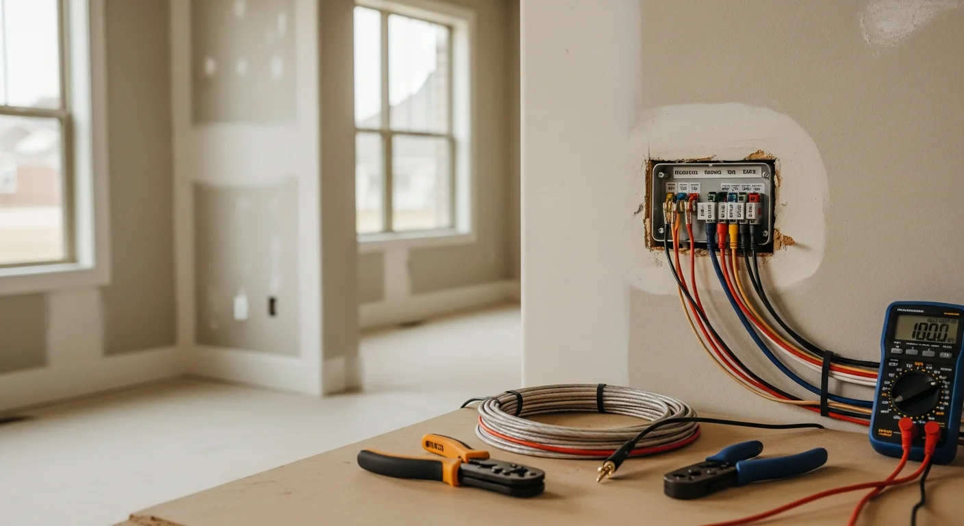 A technician routing speaker wire through an interior wall in an Antioch single-family home, with a clean wall plate installed and no visible cables. The finished installation shows flush-mounted speaker connections in a living room with neutral-painted drywall.