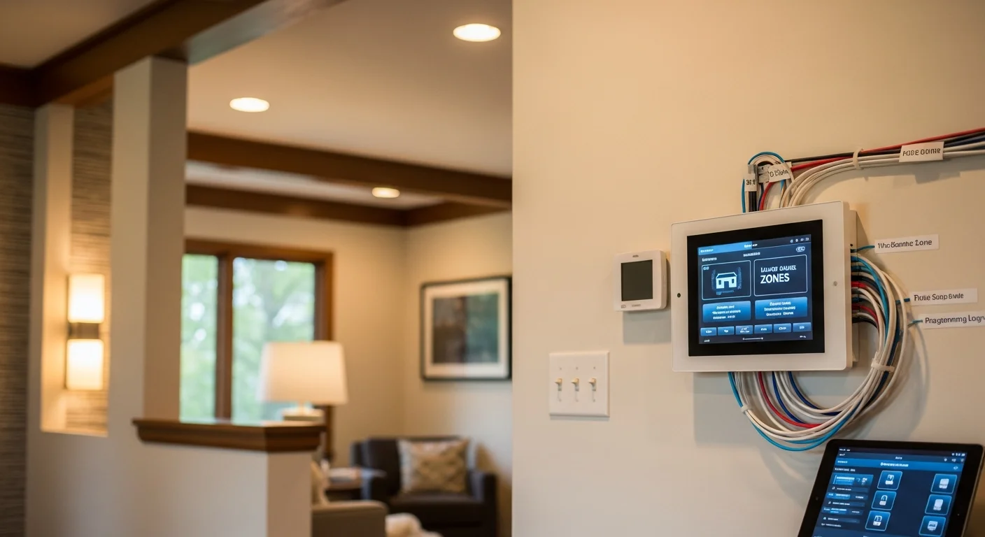 A wall-mounted control panel in an Antioch single-family home showing programmed scenes for lighting and audio. A technician from Home Sweet Home Theatre adjusts the control system settings on a touchscreen interface.