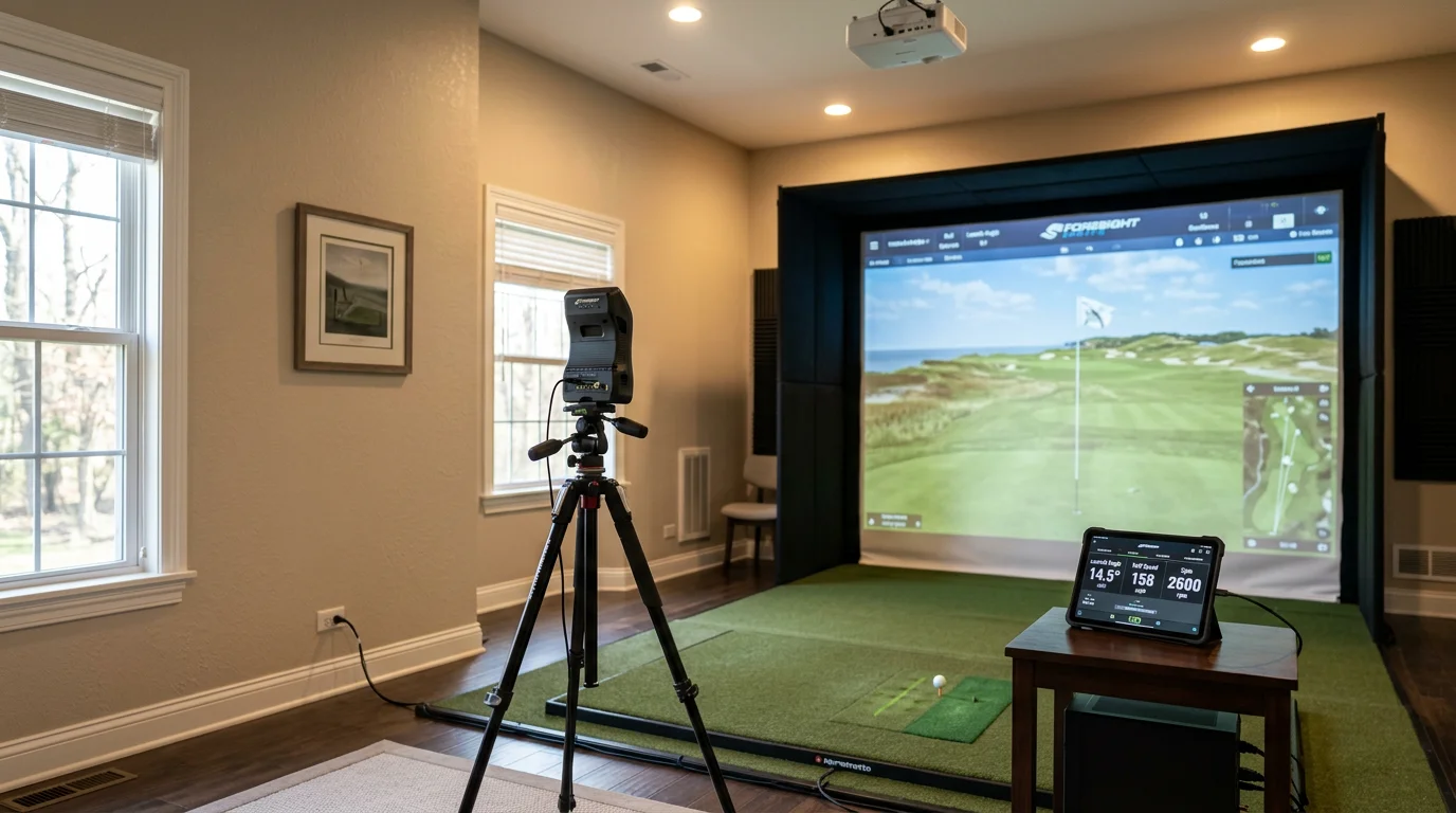 A finished home golf simulator room installed by Home Sweet Home Theatre in an Antioch residence, showing an impact screen, hitting mat, and projector mounted in a dedicated indoor space. The room is clean and fully set up for a complete swing with clear side and ceiling clearance.