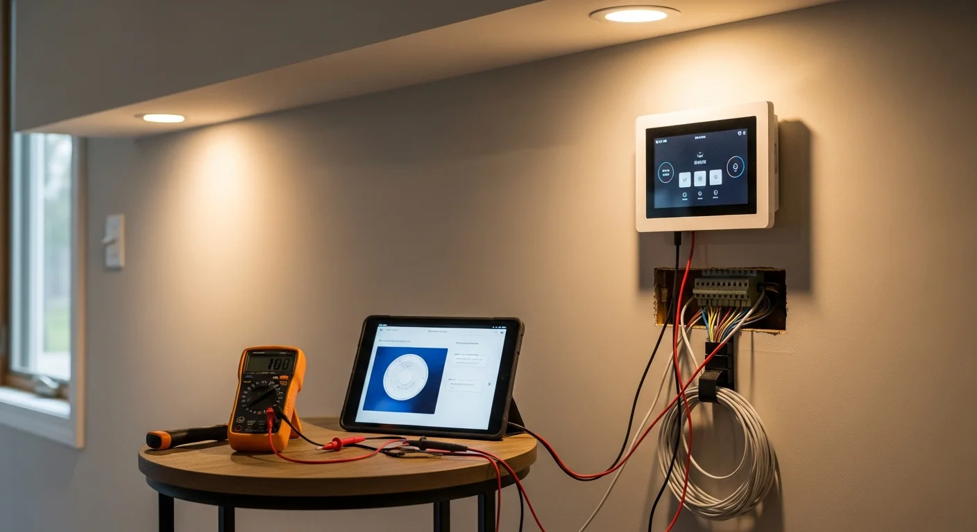 A professionally installed home automation control panel mounted on the wall of a single-family home in Antioch, CA, with smart lighting and thermostat controls visible on the screen. A technician from Home Sweet Home Theatre completes final device configuration in a well-lit living room.
