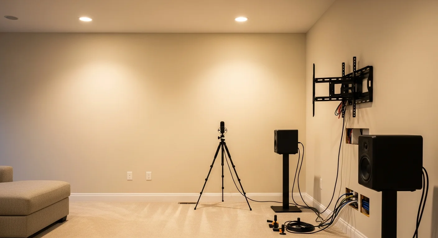 A finished home theater installation in an Antioch single-family home, showing a wall-mounted display, in-wall speaker grilles, and concealed cable work in a furnished media room.
