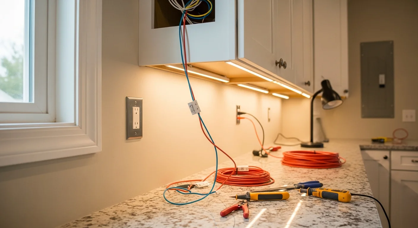 Newly installed recessed and pendant kitchen lighting in an Antioch, California home, with clean ceiling wiring and bright task light over a kitchen island. The finished installation shows layered lighting across counter, cooking, and dining zones.