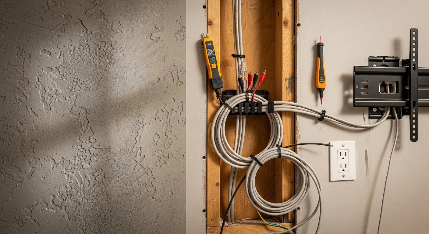A technician routing low voltage speaker and HDMI cables through an interior wall in an Antioch home during a home theater installation. Finished wall plates and a wall-mounted TV frame are visible in the background.