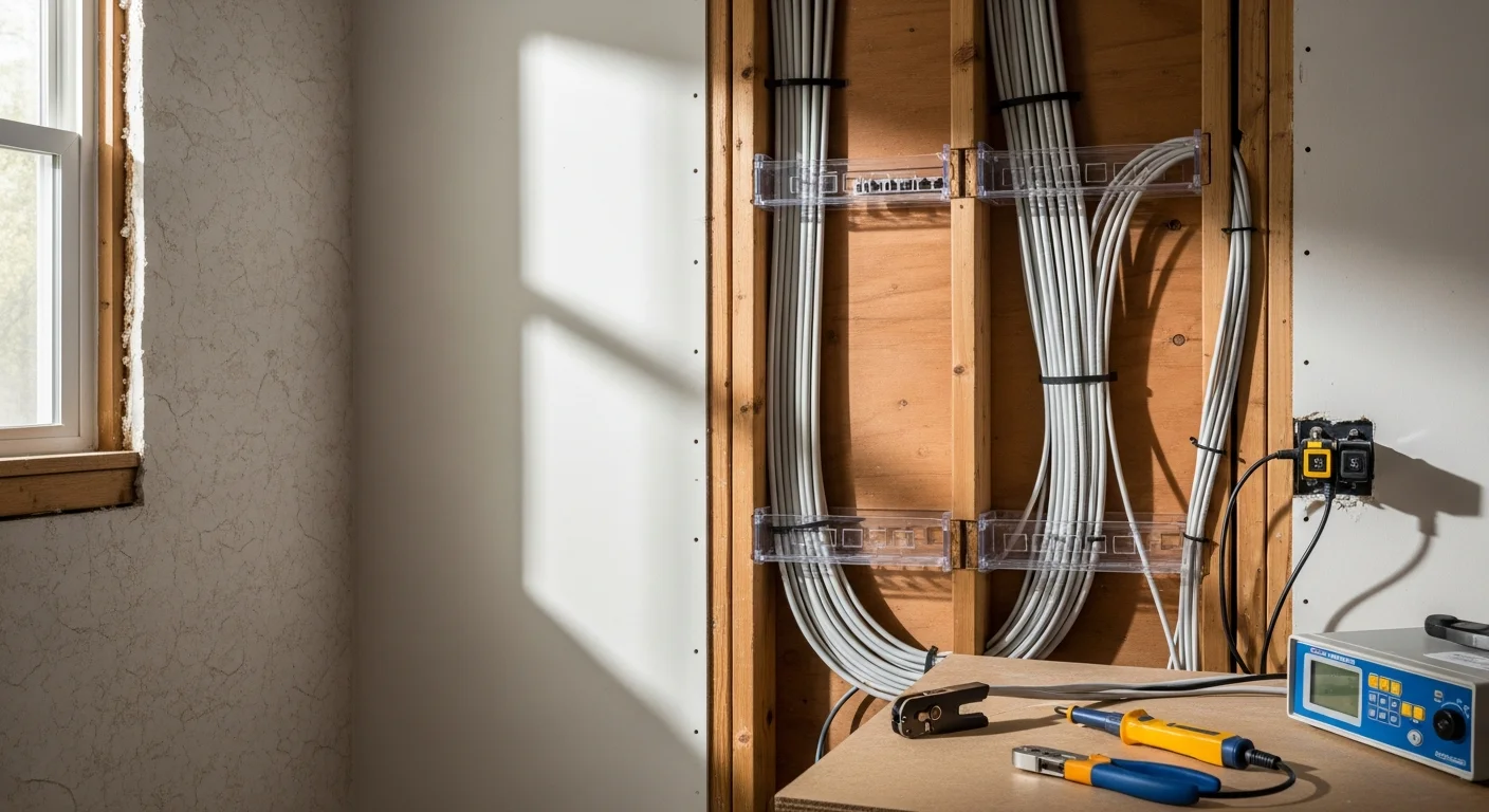 A technician from Home Sweet Home Theatre routing structured network cabling through an interior wall of a single-family home in Antioch, California. Clean cable runs lead to a wall-mounted network panel with labeled ports in a finished living space.