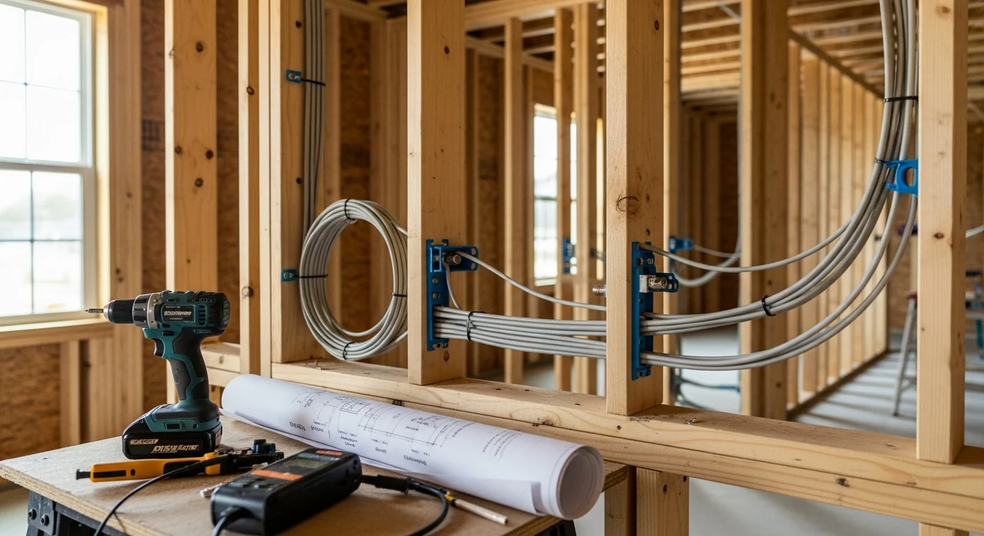 Low voltage cables neatly bundled and routed through open wall studs during new home construction in Antioch, California. Ethernet, speaker wire, and security camera runs are visible before drywall installation.