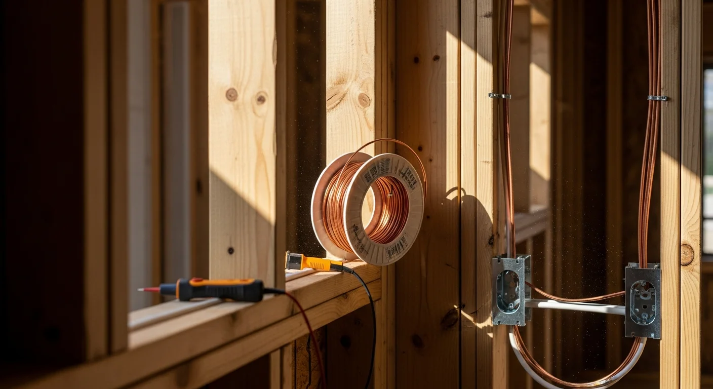 An electrician routing electrical wiring through open wall studs during the rough-in phase of a new home build in Antioch, California. Wire runs are organized and labeled across multiple circuits before drywall installation.