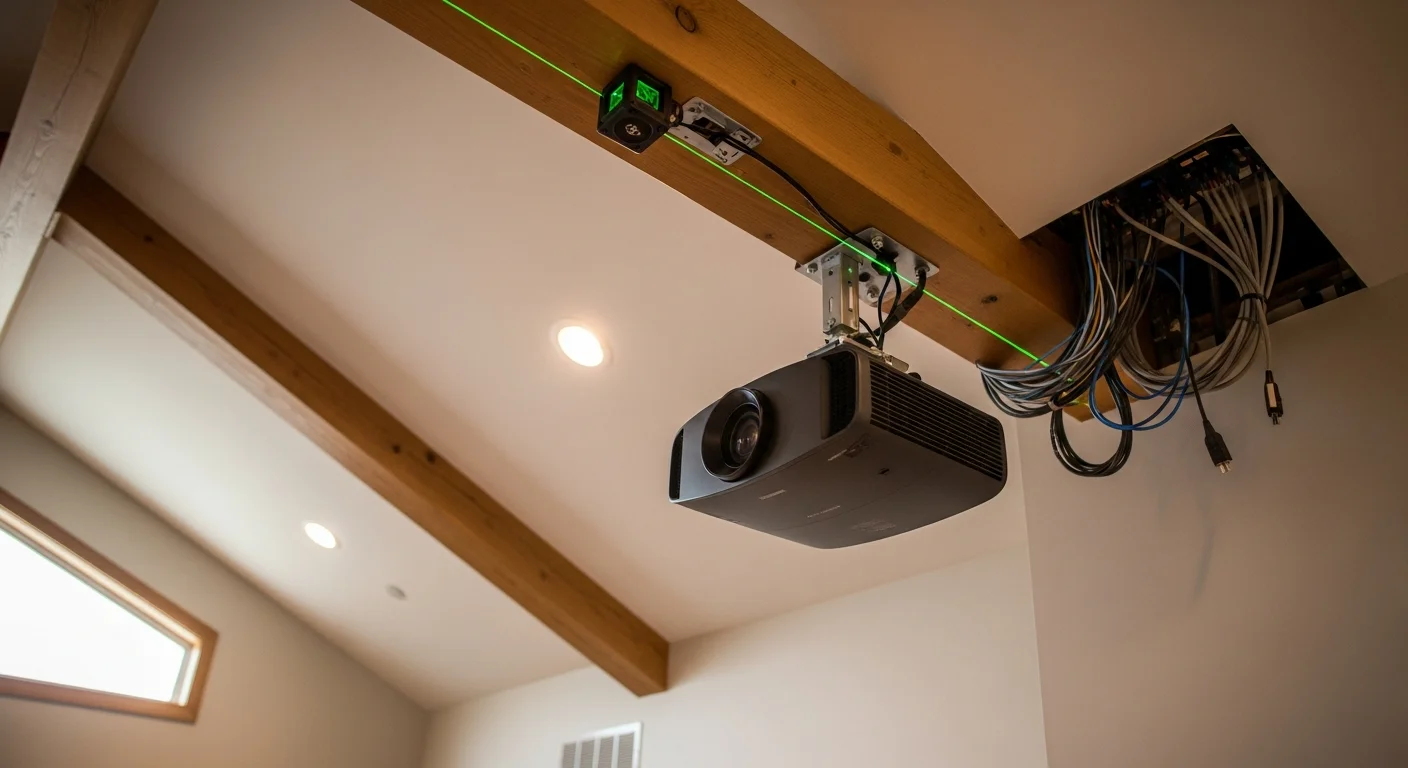 A projector ceiling-mounted in a dedicated home theater room in Antioch, California, with all cables concealed and the image aligned to a wall-mounted projection screen. The room shows a clean installation with no visible wiring and seating positioned at the correct viewing distance.