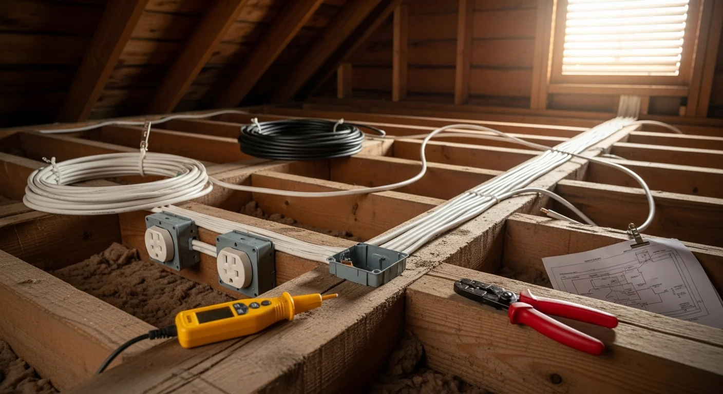 A licensed electrician running new wiring through the wall cavity of an older Antioch home during a retrofit wiring installation. Updated grounded outlets and modern circuit wiring are visible in the open junction area.