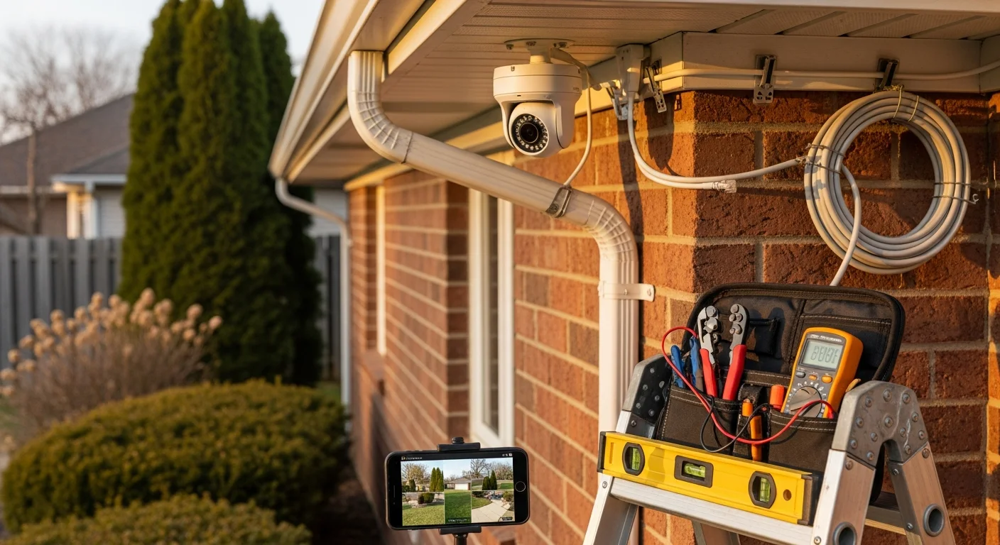 A professionally installed outdoor security camera mounted above the front entry of a single-family home in Antioch, California, with a clear view of the driveway and front yard. The camera wiring is neatly routed along the exterior wall as part of a full smart home security setup.