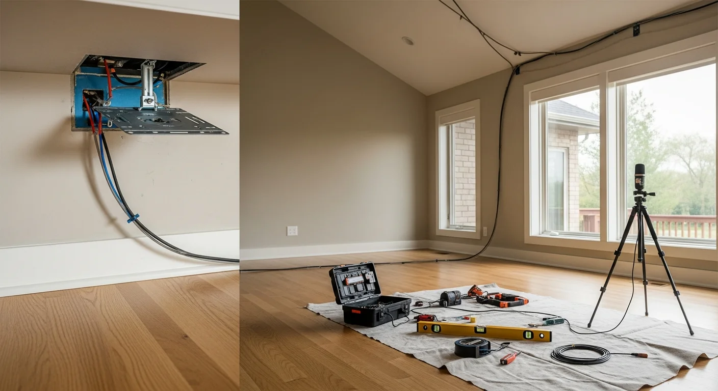 In-ceiling speakers professionally installed in the living room of an Antioch single-family home, with clean wall finishes and no visible wiring. A technician from Home Sweet Home Theatre adjusts speaker angle during final setup.