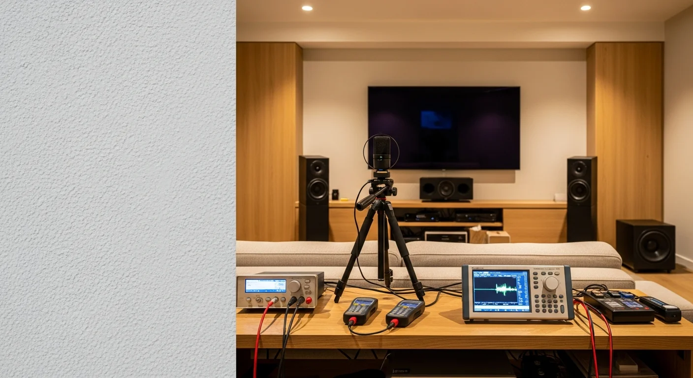 A home theater room in an Antioch residence with multiple surround sound speakers mounted on walls and a calibration microphone positioned at the center listening seat. A technician from Home Sweet Home Theatre reviews channel level readings on a receiver display during the calibration process.