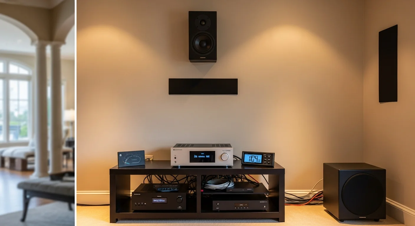 A living room in an Antioch home with wall-mounted surround sound speakers and a clean, wire-free entertainment setup. The room shows a calibrated multi-speaker arrangement centered on a flat-screen display mounted above a media console.