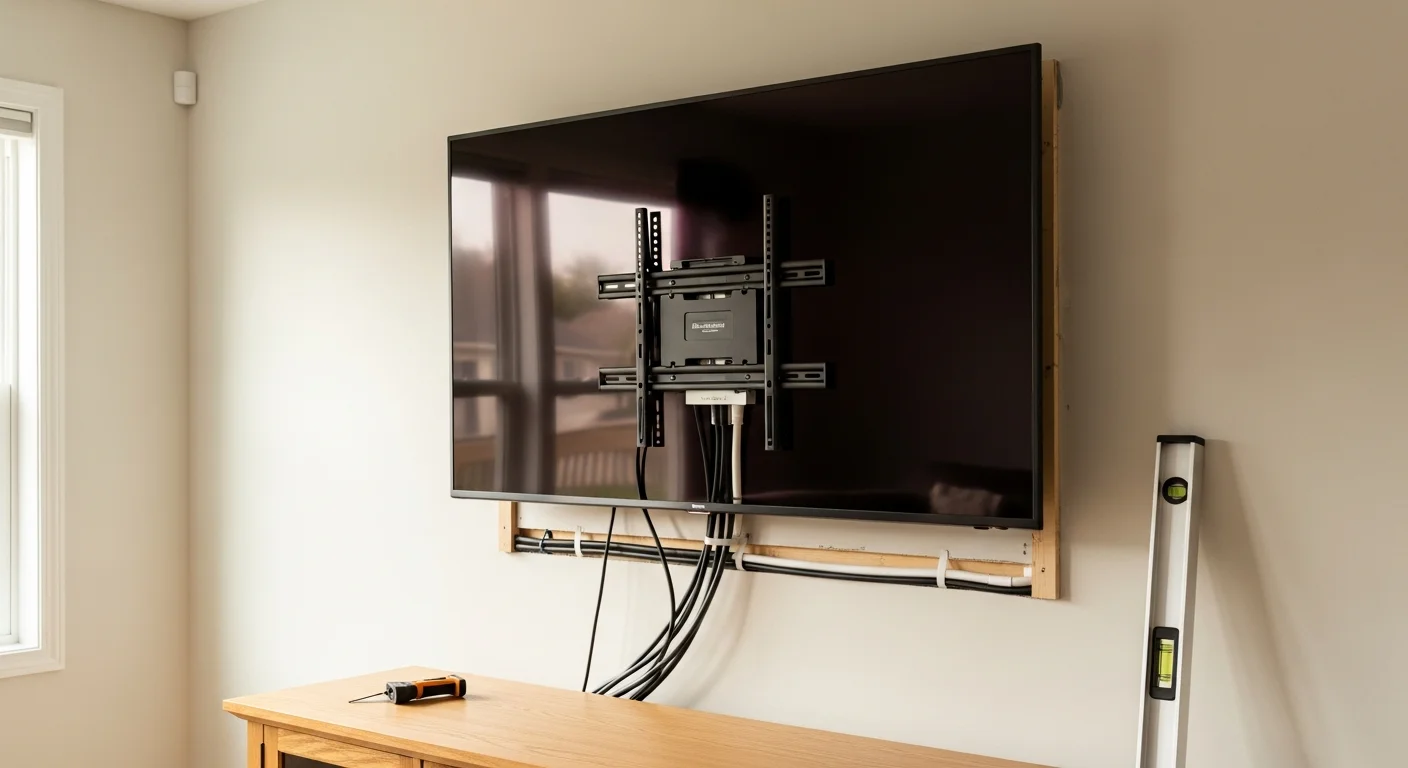 A large flat-screen TV mounted flush on a drywall living room wall in an Antioch, CA home, with cables neatly concealed and a clean bracket installation visible from the side.