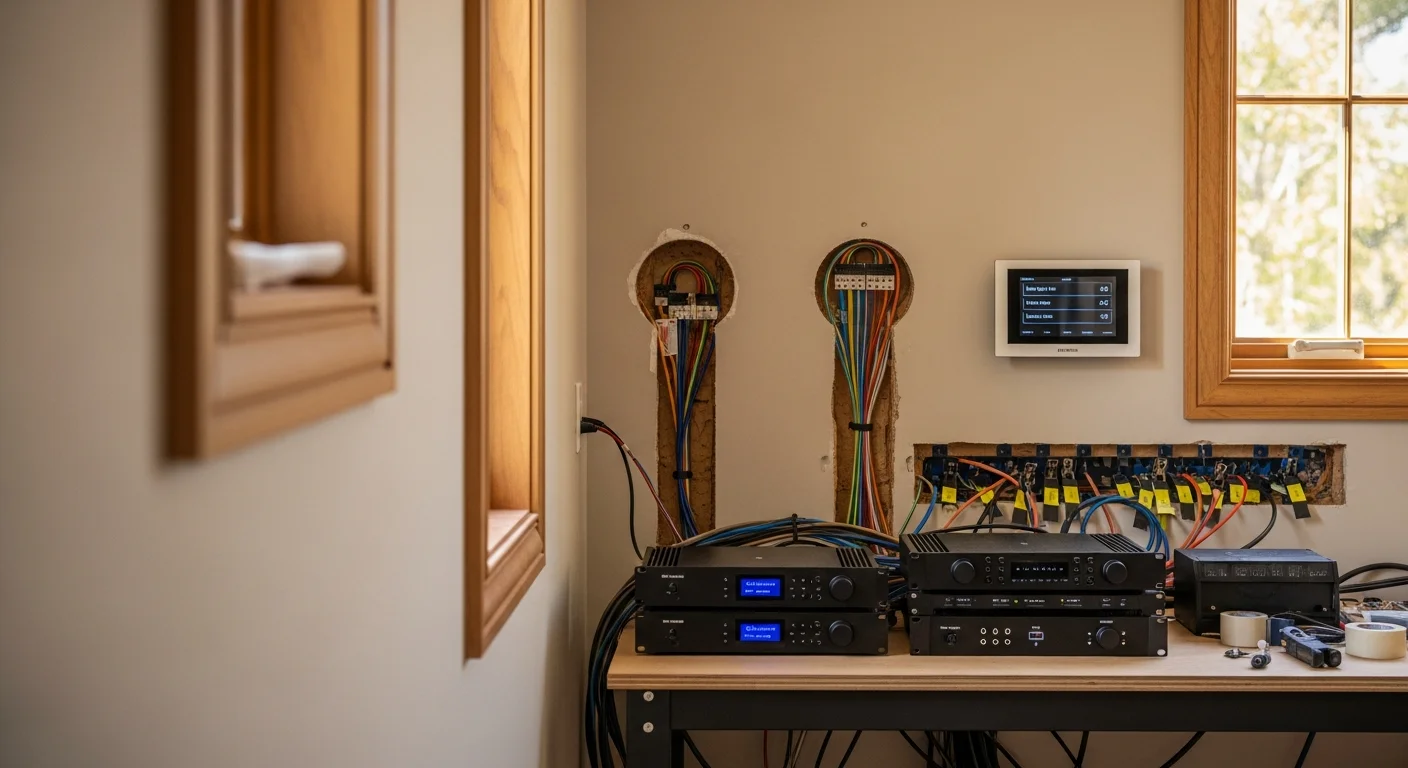 In-ceiling speakers flush-mounted in the living room of an Antioch single-family home, with clean painted trim and no visible wiring. A wall-mounted audio control panel is visible nearby, showing zone controls for multiple rooms.